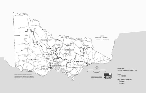 Map of Victoria showing the borders of the five regions. These regions are: the South West region; North West region; North East region; Gippsland region; and Port Phillip region